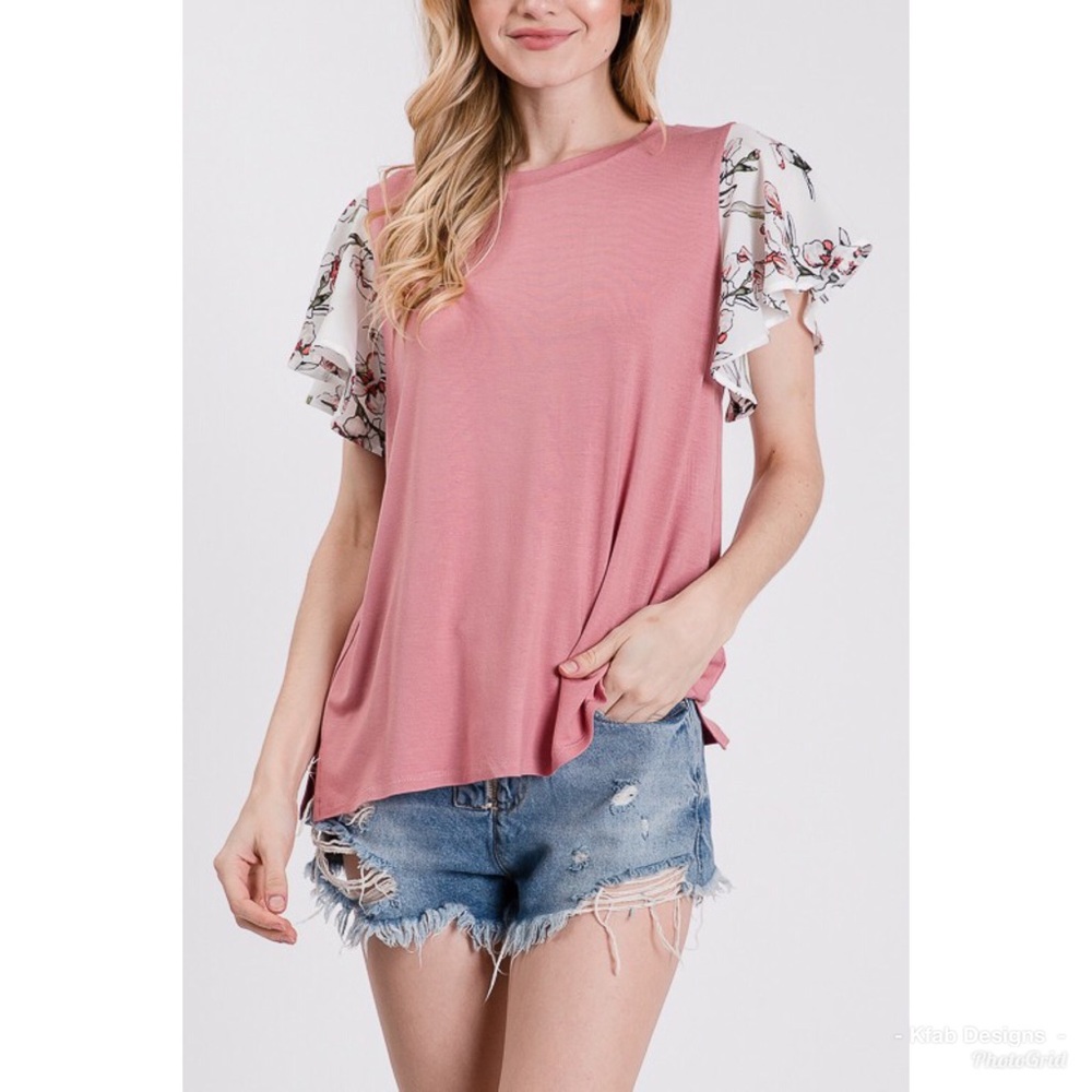 💗LAST! Jersey Knit Top with Floral Ruffle Sleeves - Picture 5 of 8